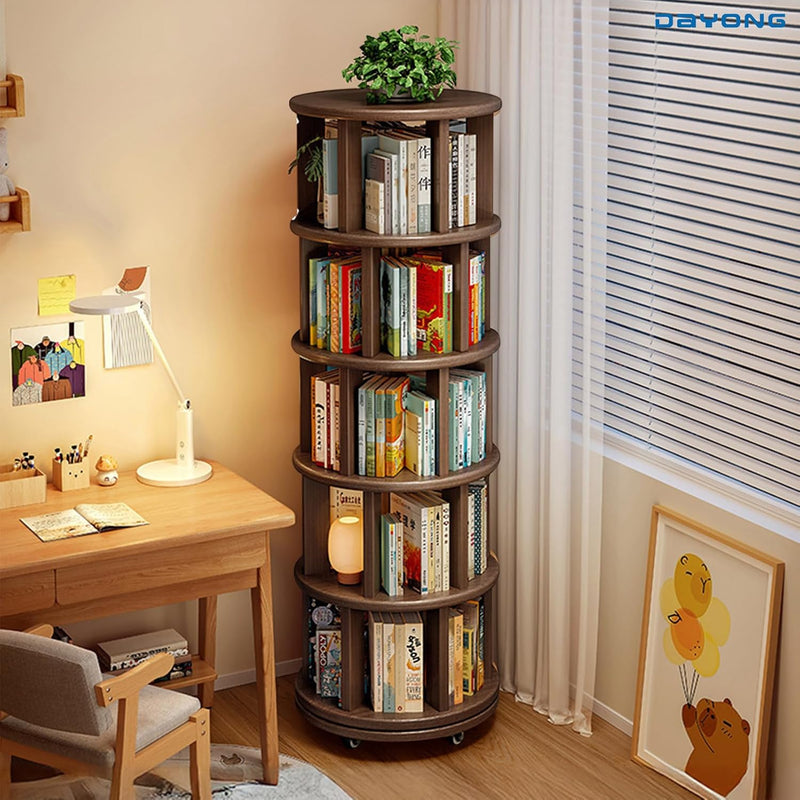 DAYONG 5-Tier Rotating Bookshelf, Large Capacity Solid Wood Bookcase with Wheels, Space-Saving Book Shelf Storage Display Rack Floor Standing Shelves for Small Space, Corner, Office (Walnut) - Walnut