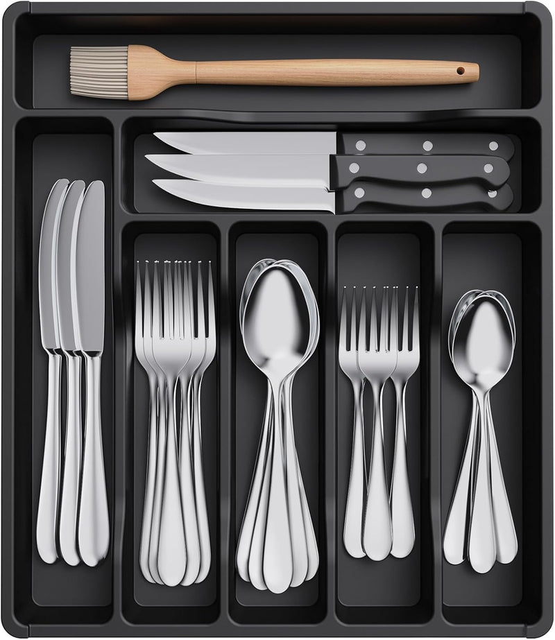 Silverware Drawer Organizer Tray, Plastic Cutlery Storage for Kitchen, Flatware and Utensil Holder Divider for Spoons Forks Knives Tableware, 9.1 x 12.6", 5 Slots, Black - Black 12.3 x 14.2 inch (7 Slots)