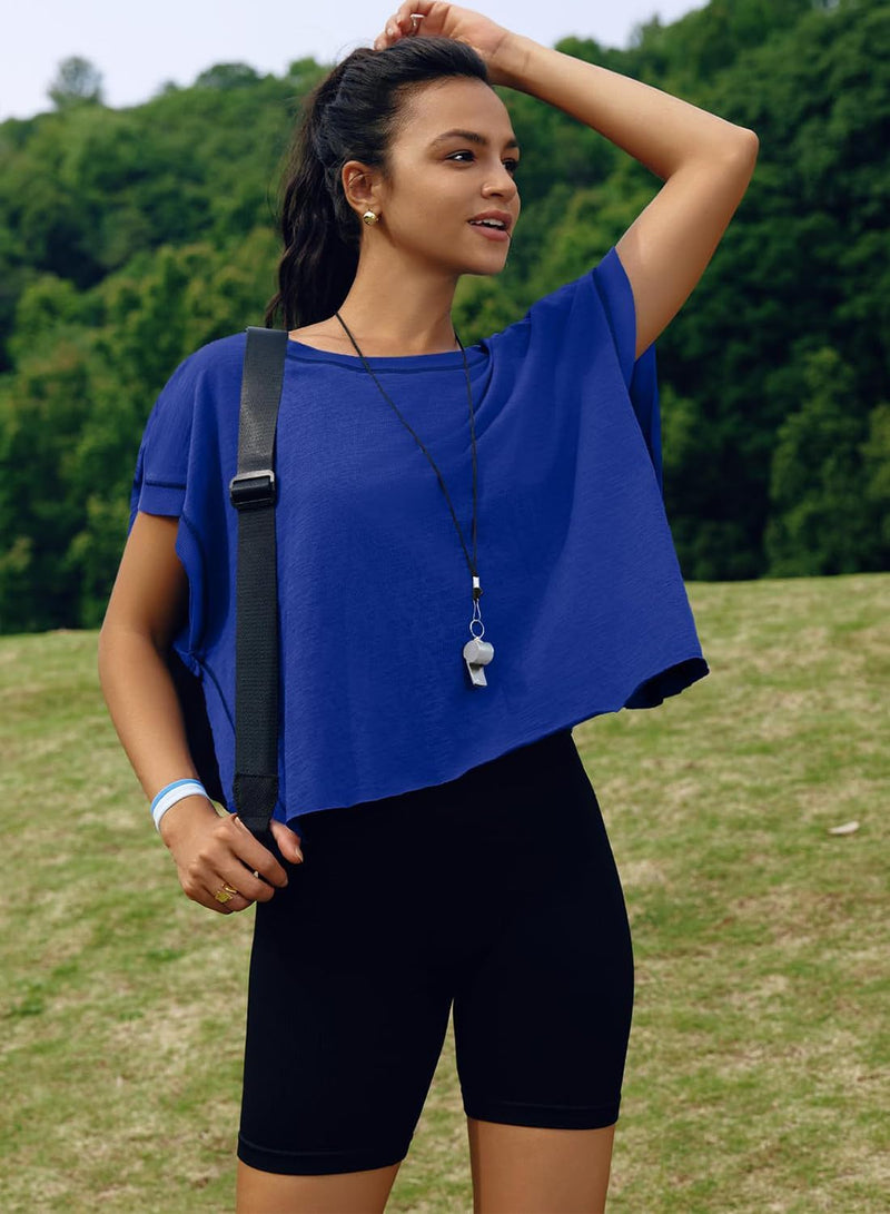 Sthxyfaith Women Short Sleeve Workout Shirts Open Back Tops Casual Yoga Athletic Gym Slouchy Crop Running Tees