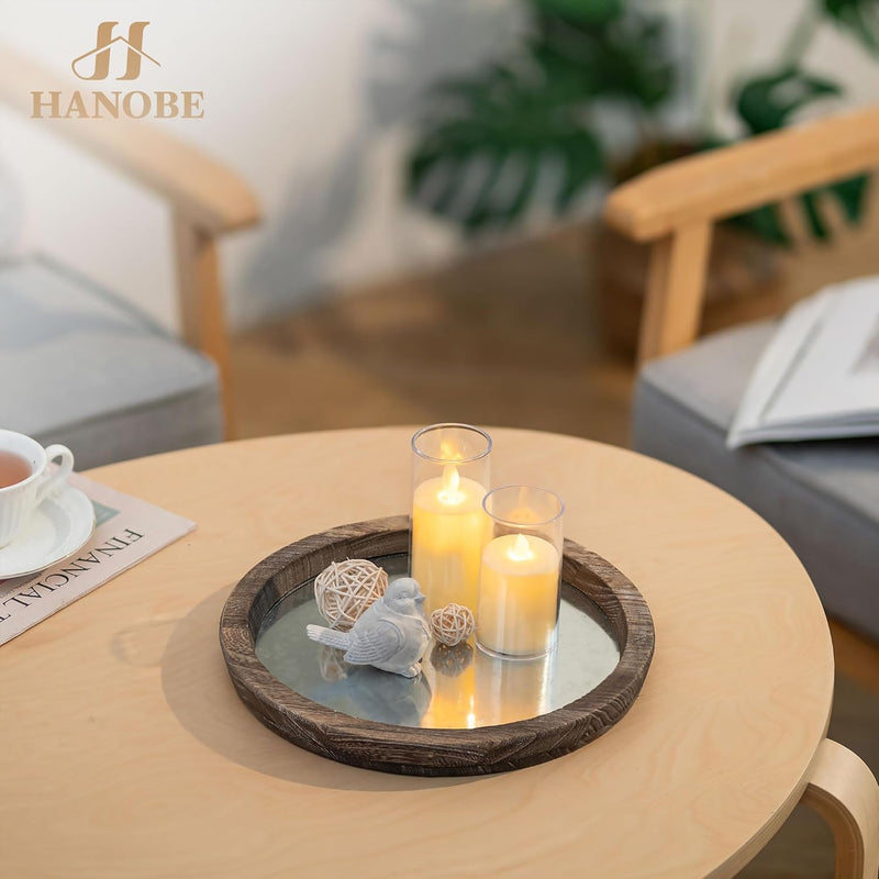 Hanobe Candle Plate Holder Tray: Round Wooden Decorative Candle Plate Small Farmhouse Table Centerpiece Rustic Wood Tealight Pillar Trays for Christmas Wedding Halloween Home Decor