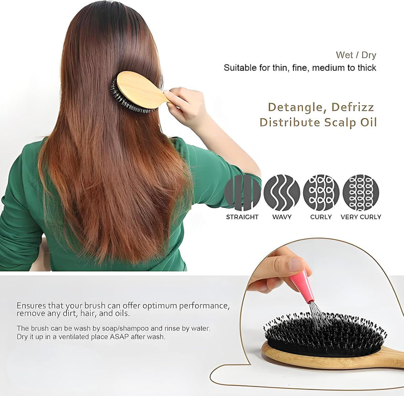 Checkzed 100% Natural Bristle Hair Brush | Eco-Friendly Brush hair for Women, Men & Kids | Massaging, Detangling hair brush for All Hair Types | Enhances Shine,slick back burshes,bamboo hair brush