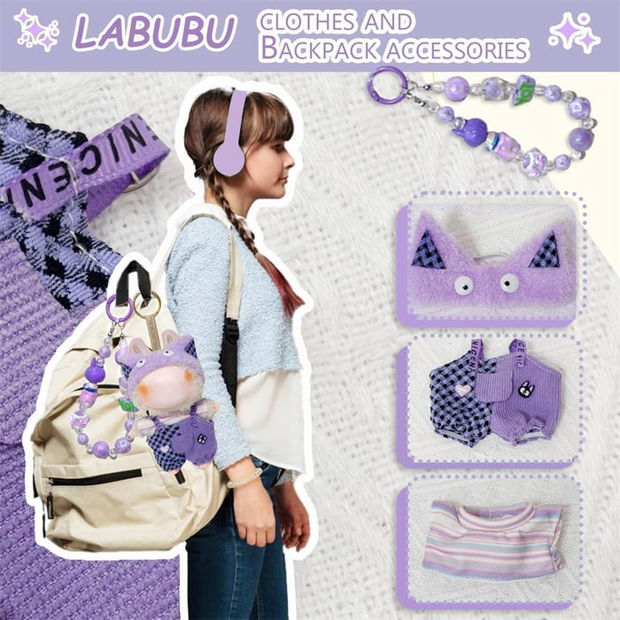 AZONEE Clothes for Labubu, Clothes Set with Charm Bracelet for Labubu 17cm Dolls, Adorable Dress-Up Accessories for Labubu Doll (Purple Cat)