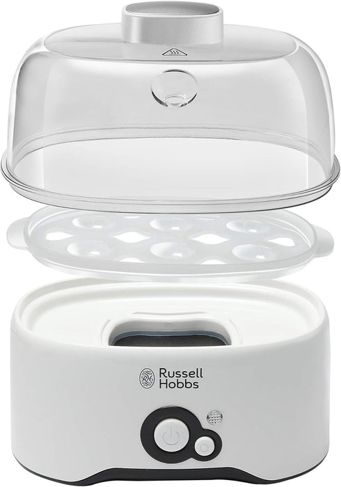 Russell Hobbs REG300-300 Watts Fully Automatic Egg Cooker with Egg Cooking Rack, 2 Poaching Pans and Measuring Cup (White) with 2 Years Manufacturer Warranty