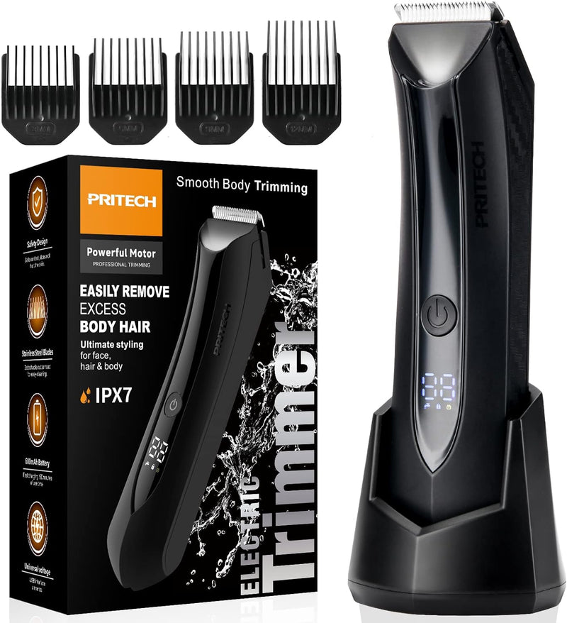 PRITECH Body Hair Trimmer for Men Pubic Hair Trimmer - Wet/Dry Ball Trimmer with Ceramic Blade, Rechargeable Body Groomer for Men with Standing Recharge Dock