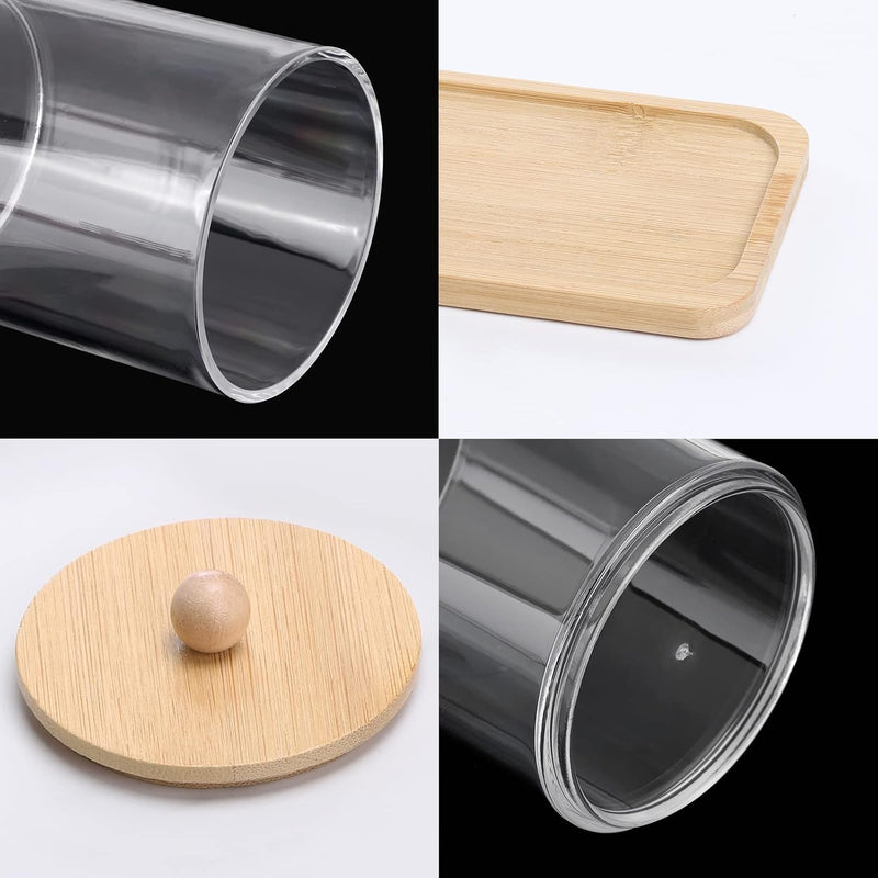 Tbestmax 10 Oz Cotton Swab/Ball/Pad Holder with Vanity Tray, Qtip Apothecary Jar, Clear Bathroom Containers Dispenser for Storage 3 Pack Wood Lids - brown