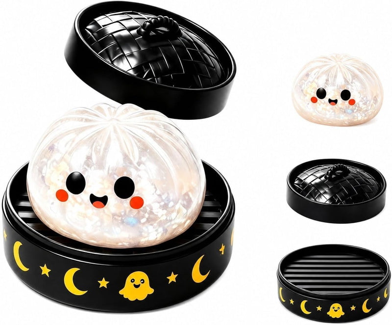 Halloween Spooky Glitter Dumpling Squishies Toys, Dumplings Stress Balls for Adults Fidget Toy with Steamer, Cute Halloween Decor Ghost Bao Bun Squishes for Anxiety Relief, Orange - White