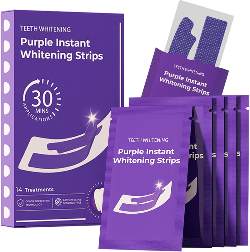 28Strips Purple Teeth Whitening Strips for Sensitive, Teeth Whitener Safe Whitestrip, Deep Stains Removal Tooth Whitening, Enamel Safe Non-Slip Dry Strip Technology for Whiter Teeth, Mint