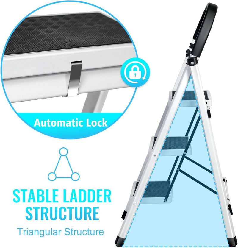 Foldable Ladder 3 Steps, Home Folding Step Stool with Wide Anti-Slip Pedal, Adults Folding Sturdy Steel Ladder for Home,Kitchen, Garden, Office