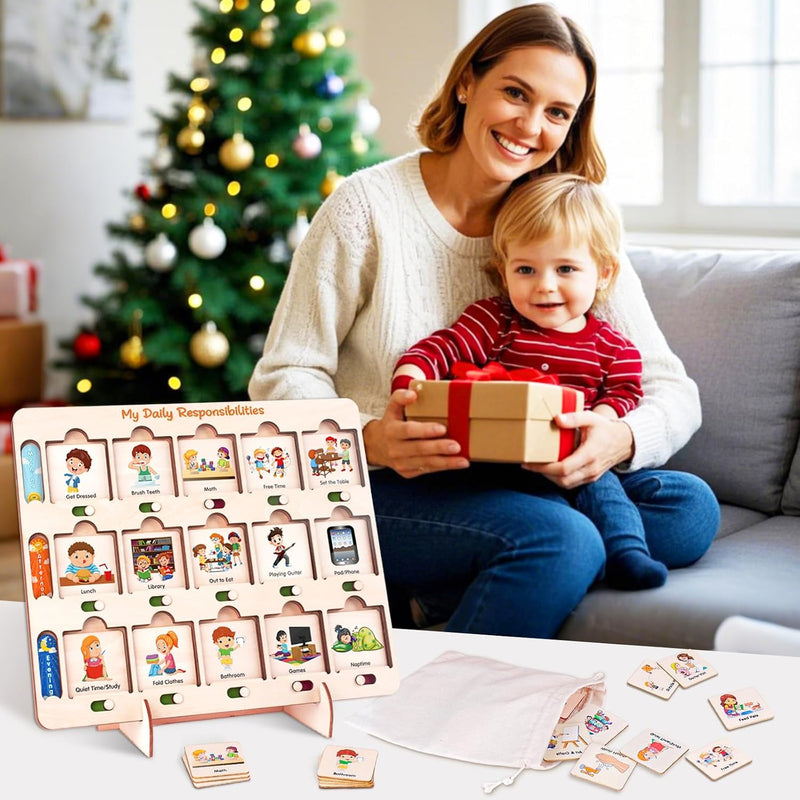 Wooden Visual Schedule for Kids Chore Chart, Morning Bedtime Daily Routine Chart for Toddlers, Autism Learning Materials for Homeschool Classroom,76 Wooden Cards.