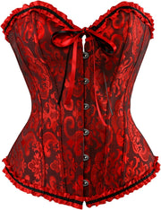 Corsets for Women Renaissance Floral Lace up Boned Overbust Corset Bustier Shapewear - Black-red
