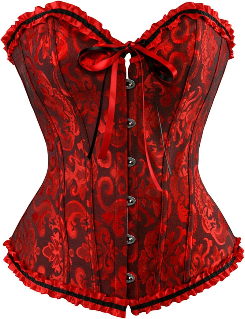 Corsets for Women Renaissance Floral Lace up Boned Overbust Corset Bustier Shapewear - Black-red