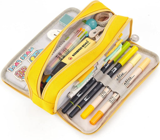 CICIMELON Large Capacity Pencil Case 3 Compartment Pouch Pen Bag for School Teen Girl Boy Men Women (Yellow)