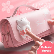 Large Capacity Pencil Case, 3 Compartments Pouch Pen Bag for School Kids Teen Girl, Students Stationery Organizer Stress Release Pencil Case(Pink)