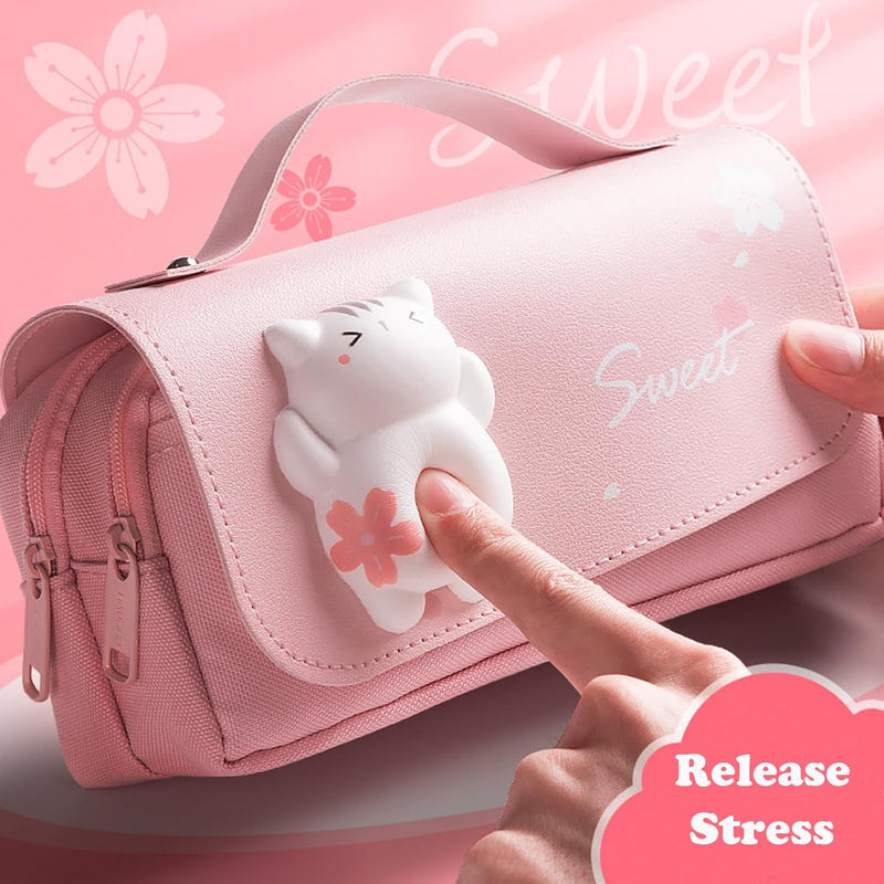 Large Capacity Pencil Case, 3 Compartments Pouch Pen Bag for School Kids Teen Girl, Students Stationery Organizer Stress Release Pencil Case(Pink)