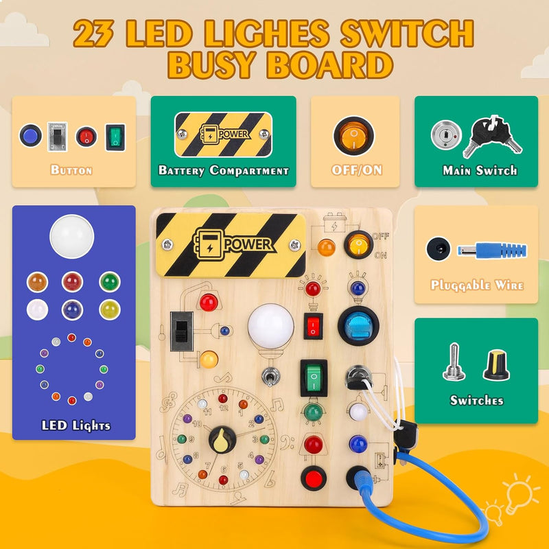 Hoarosall Montessori toys Clock Wooden Busy Board with 11 LED Light switches, Tooddler Toys Sensory Toys Travel Toys for 1+ Year Old Baby and Toddler