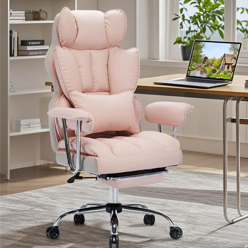 Big and Tall Office Chair 400lbs PU Leather Executive Desk Chair with Lumbar Support & Leg Rest, Heavy-Duty Computer Chairs for Home Office, Pink 400lbs support, 135 recline, dual-layer foam cushion, 23.5" seat & footrest. BIFMA - Pink