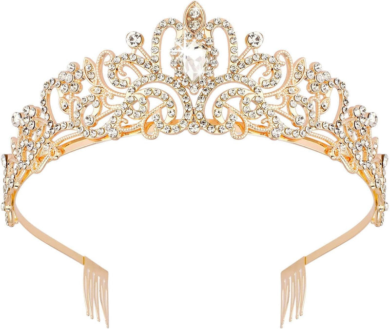 Shining Diva Fashion Crystal Tiara and Crown for Women Stylish Headband Crowns with Comb Tiaras for Girls Kids Queen Princess Wedding Bridal Birthday Gift Hair Accessories - 01 Gold
