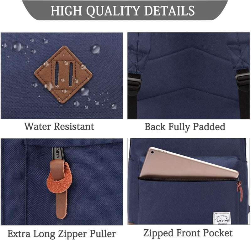VASCHY Men's Backpack, Women's Waterproof School Bag, Boy Girl Computer 15.6 Inch Vintage for School, College, Work, Travel, Leisure