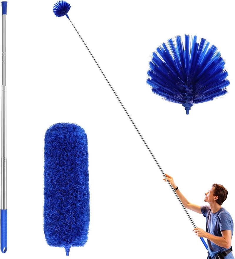 Ceiling Fan Duster with Extension Pole, Cobweb & Corner Brush Cleaning Kit w 2 Duster Heads for Cleaning,15-100 Inch Long Handle Aluminum Telescoping Pole, WashableBlue - Blue