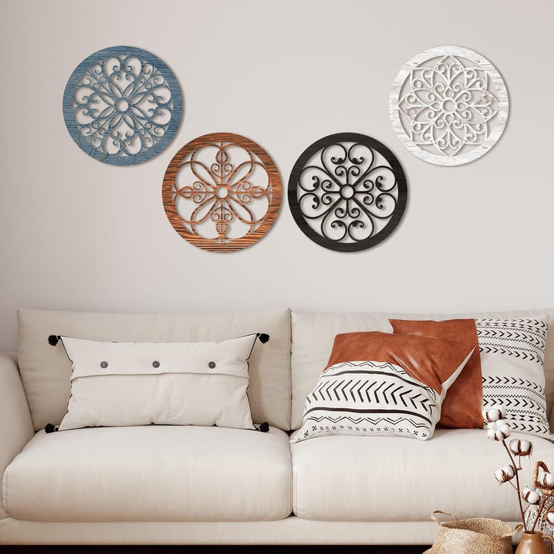 Yulejo 4 Pcs Thicken Rustic Wall Decor Farmhouse Wall Art Wooden Hollow Carved Design Decor Rustic Round Wall Art for Living Room Bedroom Hallway Decor Kitchen Wall (Black, Brown,9.8 x 9.8 Inch)