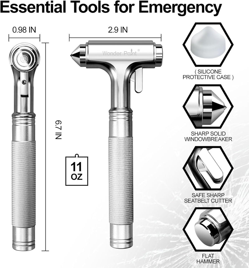 WONDER POINT Premium Car Glass Breaker with Seat Belt Cutter - Automotive Safety Hammer - Emergecy Escape Tool, Car Autoaccessory Metal Window Hammer, Vehicle Hard Aluminium Alloy Head Design