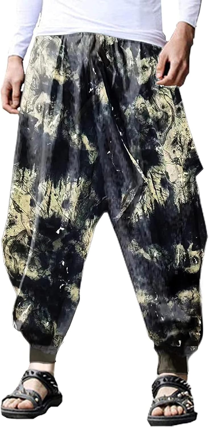 Men Hippie Harem Pants Baggy Linen Boho Yoga Casual Trouser - Style B06