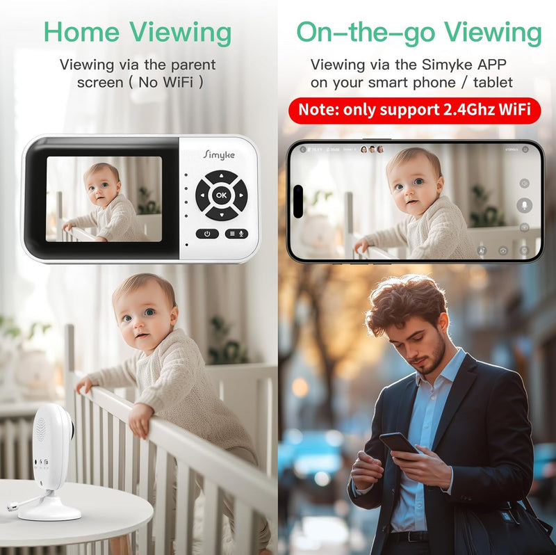 Simyke Smart Video Baby Monitor, 2.8 Inch Screen, 1080p Camera, 1500ft Long Range, WiFi On/Off Switch, Night Vision, Power Clock,