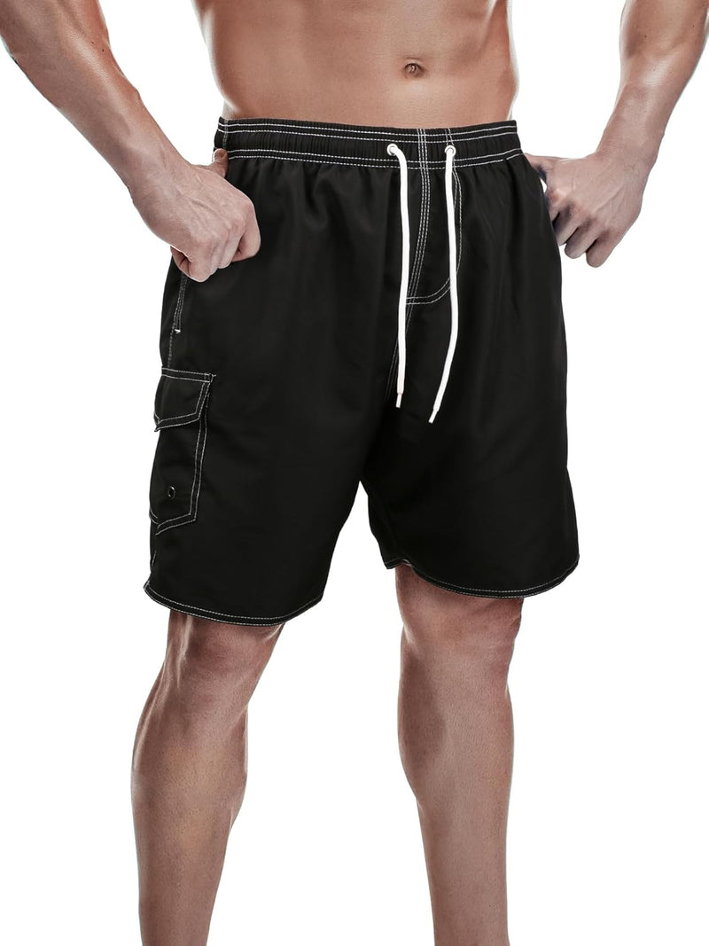 Mens Swimming Trunks, Quick-Drying Swim Shorts, 17.8cm, with Mesh Lining, Swimwear, Bathing Suits - Black With Pockets