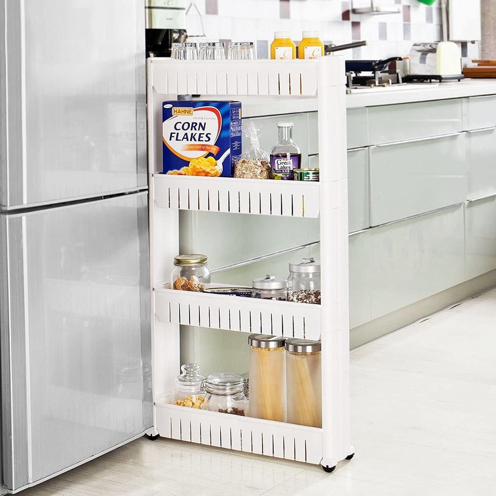 SKY-TOUCH 4 Tier Kitchen Plastic Storage Shelf Slim, Mobile Narrow Rolling Cart with Wheels, Storage Cart for Kitchen Bathroom Laundry Office Narrow Places