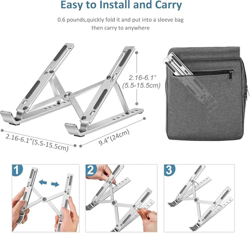 Adjustable Laptop Stand for Desk- Foldable Aluminum Laptop Stand Silver- Lightweight, Portable Laptop RiserDurable Laptop Holder Adjustable Compatible with MacBook, Dell, HP & More- 27x5.5x2.5cm