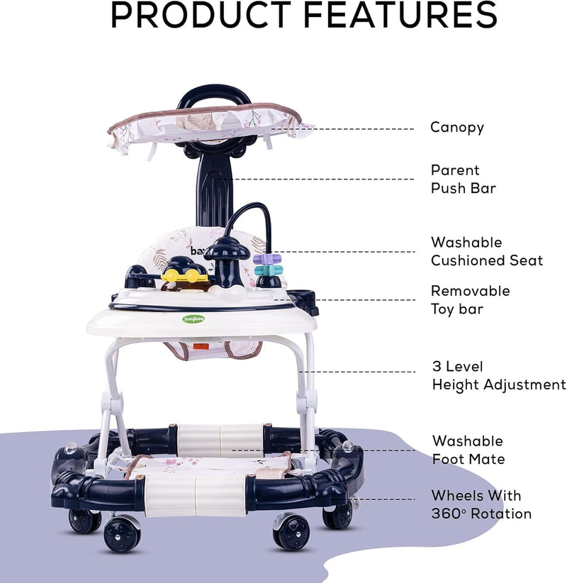 Baybee Bulba Baby Walker cum Rocker, Kids Walker with Adjustable Height, Foot Mat, Canopy Activity Walker for Toddlers Infant Walker Baby Boy Girl 6-18 months (Blue) - Blue