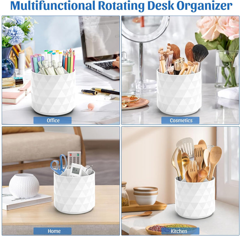 minimaliving Desk Organizer,Sparkling Diamond-like Pen Holder for Desk 360°Rotating Office Desk Accessories,Pencil Cup with 5 Compartments Storage Box Caddy for Office,School,Home,Art Supply(White)