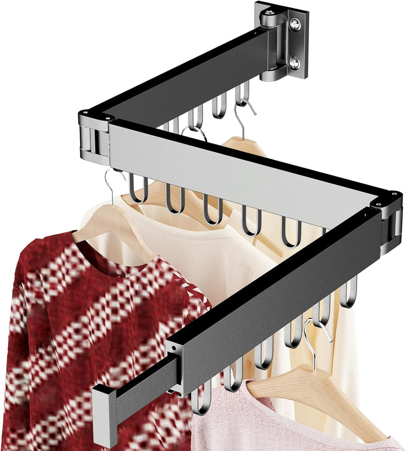 Heavy Duty Retractable Clothes Drying Rack - Wall Mounted Space Saving Aluminum Laundry Hanger Rack with Folding Arms & 18 Hooks for Indoor, Balcony, Outdoor Use (Black)