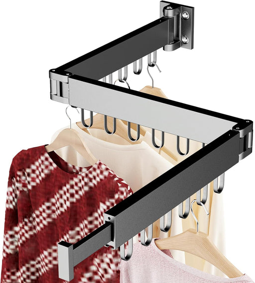 Heavy Duty Retractable Clothes Drying Rack - Wall Mounted Space Saving Aluminum Laundry Hanger Rack with Folding Arms & 18 Hooks for Indoor, Balcony, Outdoor Use (Black)