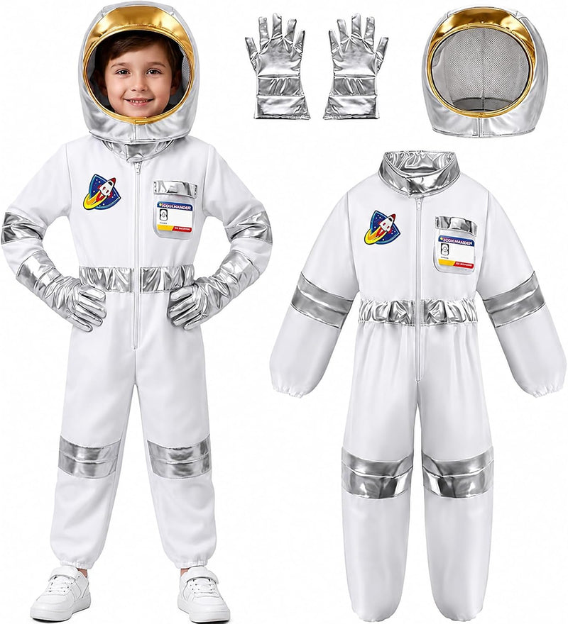 Astronaut Costume for Kids, Space Explorer Dress-Up Set with Hood, Silver Gloves for Halloween, Carnival and Role Play - S