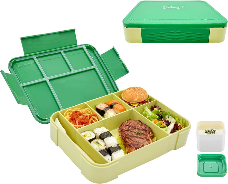 4H Essential Bento Lunch Box 6 Compartments, Leak Proof Food Container, BPA Free Microwave Safe, Meal Prep Box for Adults Kids School Office Travel (Green) - Green