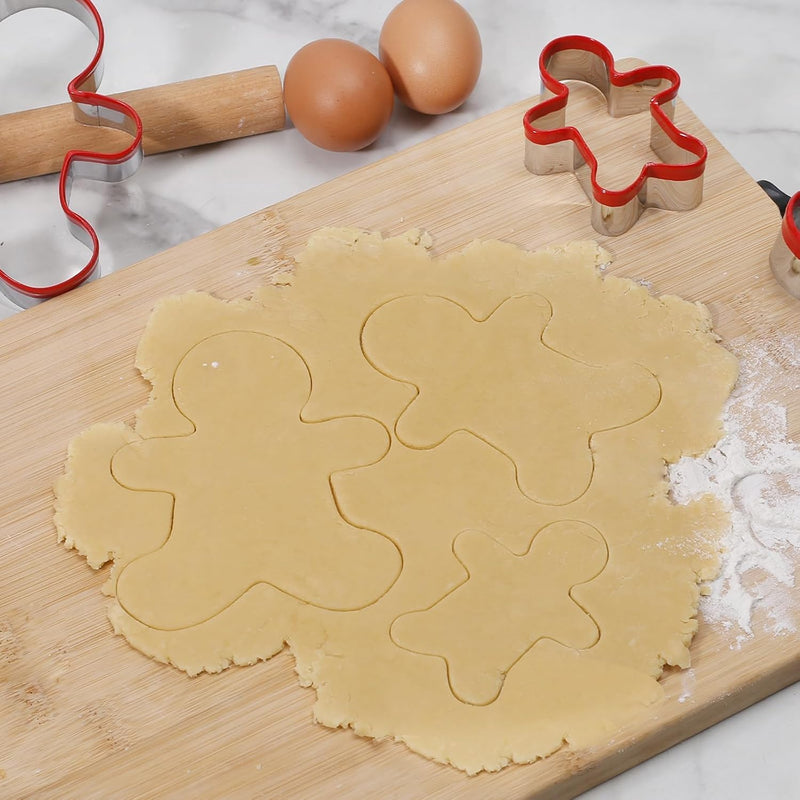 3Pcs Gingerbread Man Cookie Cutters, Stainless Steel Christmas Cookie Cutter Tools with Red Environmental PVC, Gingerbread Boy Shape Moulds Set for Baking