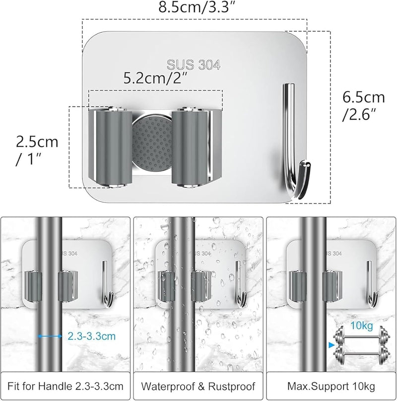 Sulfar Broom and Mop Holder, Pack of 4 Broom Gripper Holds Self Adhesive Reusable No Drilling Super Anti-Slip, Wall Mounted Storage Rack Storage & Organization Your Home, Kitchen Wardrobe