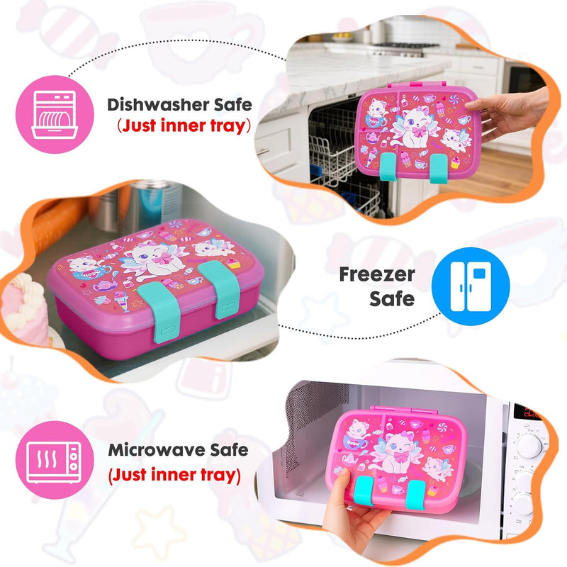 Cute Cartoon Bento Lunch Box for Kids, 800ml/27oz BPA-Free Leak-Proof Food Containers with 3 Compartments, Dishwasher Safe, Back to School Students Lunches Size for Ages 4-8