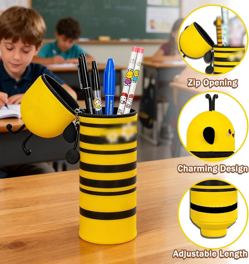 Little Bee Pencil Case 2 in 1, Kawaii Pen Case Soft Silicone, Cute Yellow Bee Table Pen Holder Pouch Pencil Case with Zipper for School Students Teens Girls Boys, Portable, Lightweight, Durable