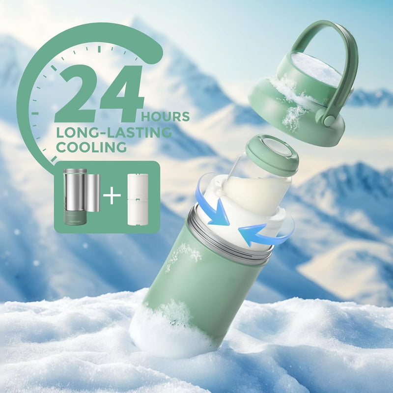 Momcozy 22oz Portable Breast Milk Cooler for Outdoor, Life Saver with 360 Total Cooling for 24 Hours, Larger Capacity Travel Breastmilk Chiller with 2pcs Baby Bottles for Breastmilk Storage, Green