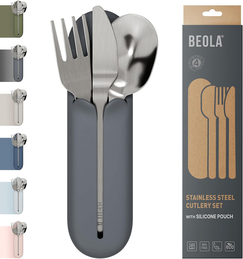 Stainless Steel Cutlery Set with Silicone Case, Travel Utensils with Pouch, Reusable Fork Spoon and Knife, Cutlery for Lunch Box Kids School, Camping Outdoor, Set of 4pcs (Sand Dune) - Lava Gray