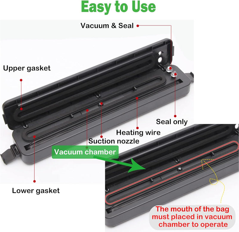 Vacuum Sealer with 10 Sealer Bag Vacuum Sealer Machine Automatic Food Vacuum Sealer for Food Savers Storage Household Black Food Sealer