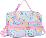 VASCHY Lunch Box Bag Men, Insulated Two Compartments Bento Cooler Bags for Adults/Women/Kids for School,Daycare,Kindergarten,Picnic Black - Floral Blue