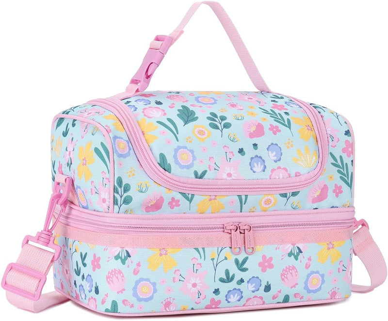 VASCHY Lunch Box Bag Men, Insulated Two Compartments Bento Cooler Bags for Adults/Women/Kids for School,Daycare,Kindergarten,Picnic Black - Floral Blue