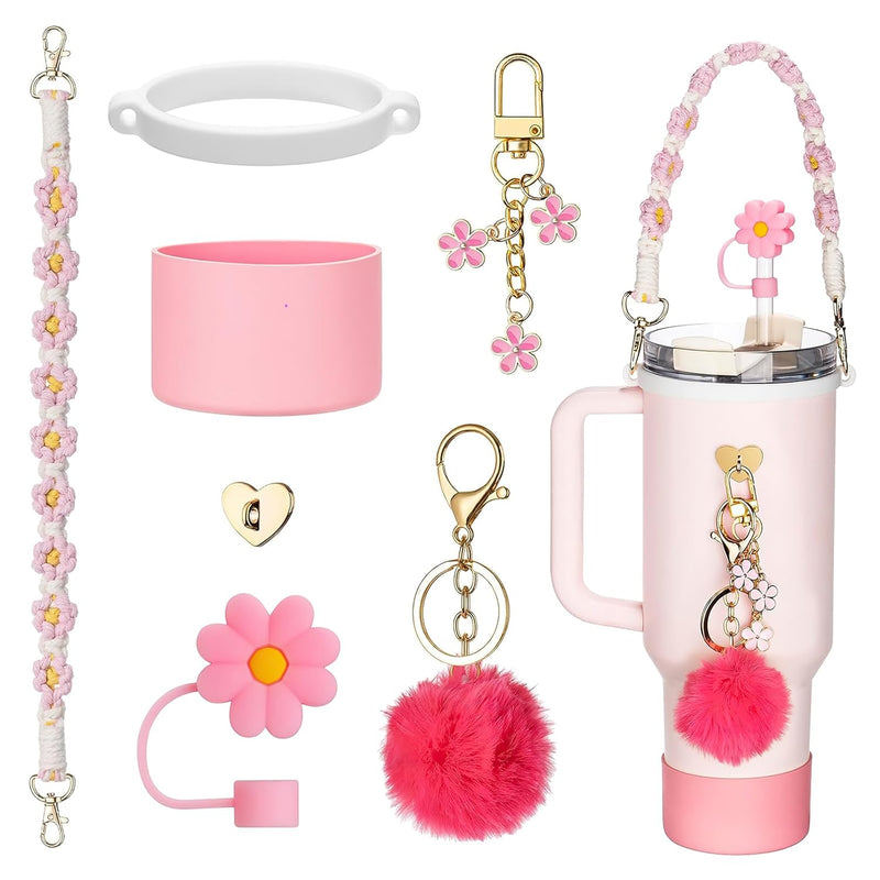 Hahamiya Stanley Cup Accessories Set of 7 - Silicone Boot, Water Bottle Handle Strap, Straw Cover, Charms for 40/30 oz Tumbler - Pink