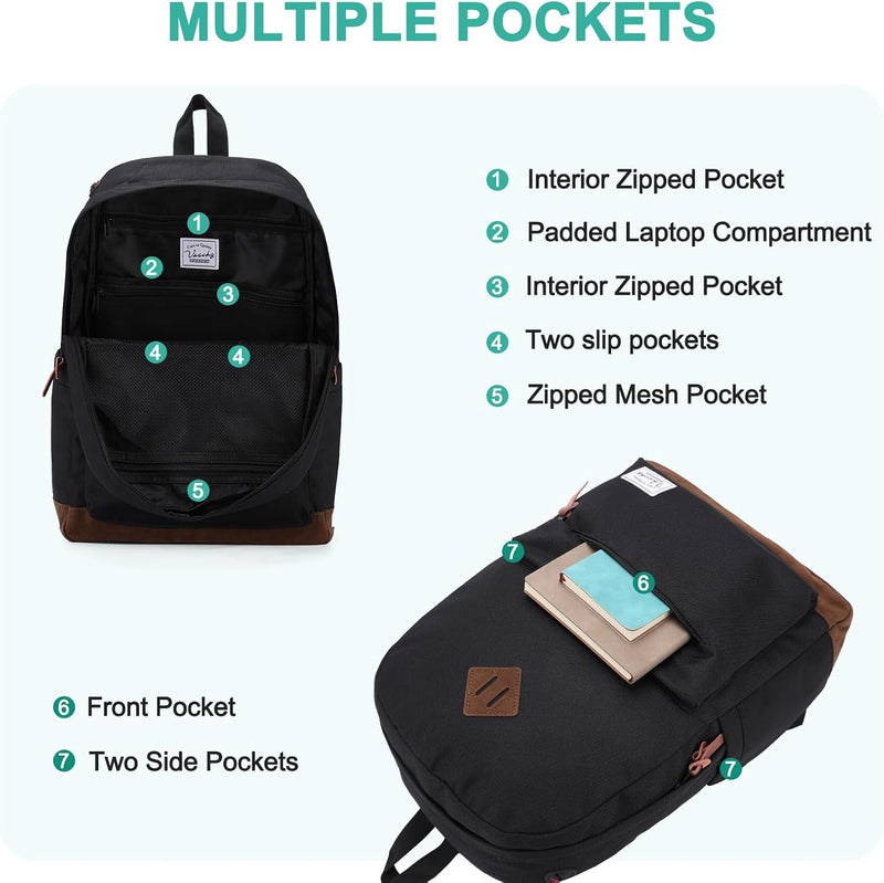 VASCHY Men's Backpack, Women's Waterproof School Bag, Boy Girl Computer 15.6 Inch Vintage for School, College, Work, Travel, Leisure