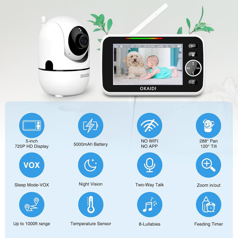 OKAIDI Video Baby Monitor with Camera and Audio, 5" Display Baby Monitor No WiFi, 30H Battery and 1000ft Range Baby Monitor, Remote Pan-Tilt-Zoom Baby Camera, Night Vision, 2-Way Talk, VOX,Temperature