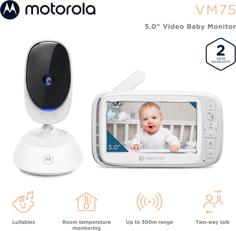 Motorola VM75 Indoor Video Baby Monitor with Camera 480x272p, 1000ft Range 2.4 GHz Wireless 5" Screen, 2 Way Audio, Remote Pan, Digital Tilt, Zoom, Room Temperature Sensor, Lullabies, Night Vision