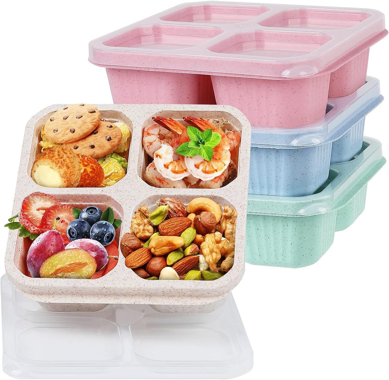 4 Pack Bento Lunch Box, Reusable 4-Compartment Snack Case Wheat Straw Meal Prep Containers Food Storage for Kids and Adults, Perfect Food Storage School, Work and Travel